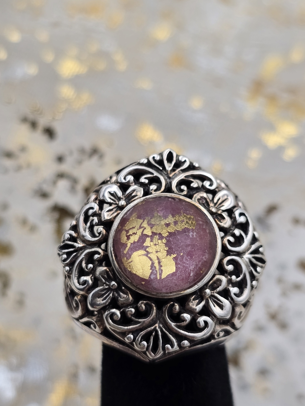 Size 6 925 Sterling and Faceted Pink and Gold Spinel Signed NOA Thailand Ring - Picture 6 of 7
